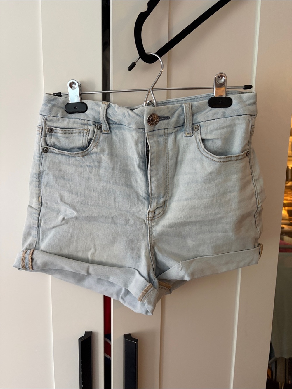 American Eagle Outfitters Light Wash Denim High Waist Roll-Cuff Shorts